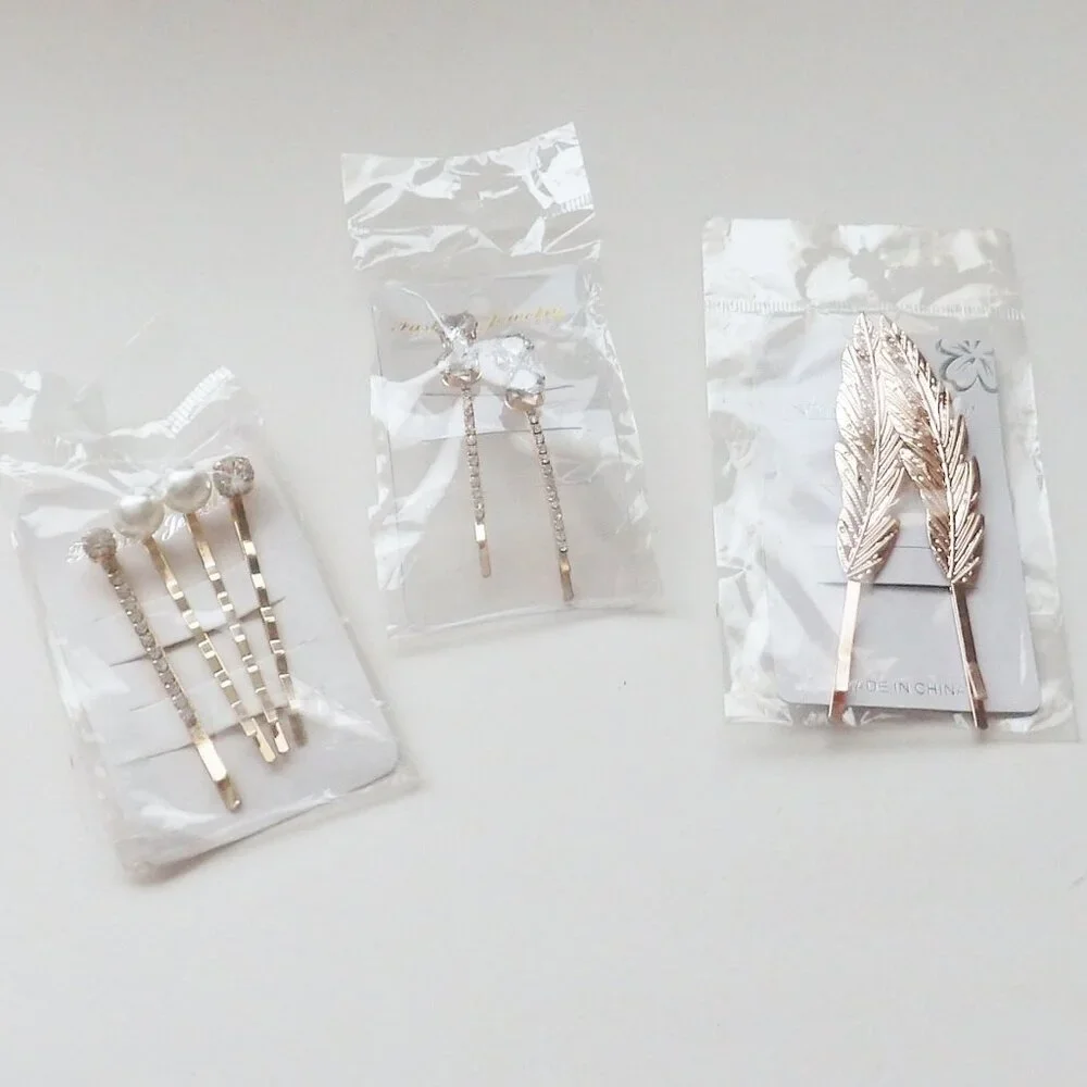 Bundle of 8 Bobby Pins Various Designs Faux Pearl Crystals Gold Tone NEW